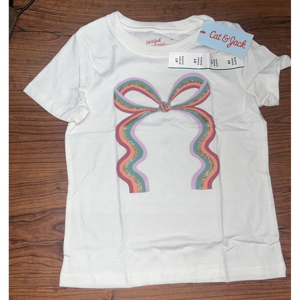 Cat & Jack Girls 4T Rainbow Glitter Bow Short Sleeve T-shirt